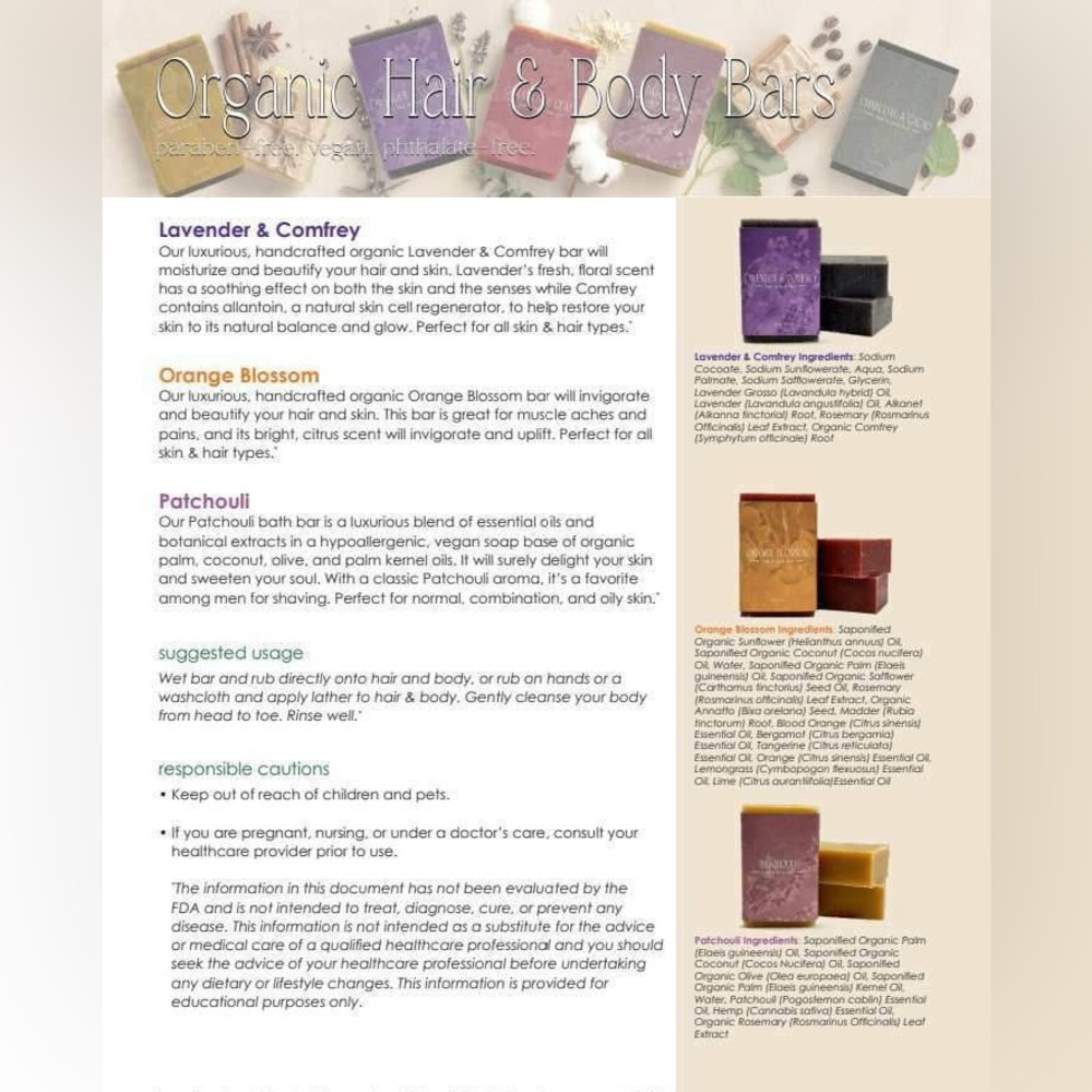 2 bars Organic Hair & Body paraben -tree. vegan. phthalate-free.